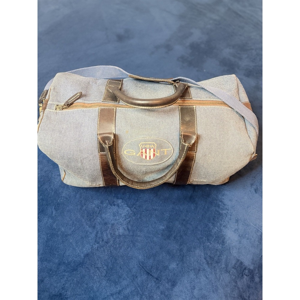 Vtg Gant Archive Leather Shield ISA Duffel Bag Denim Canvas Blue Large